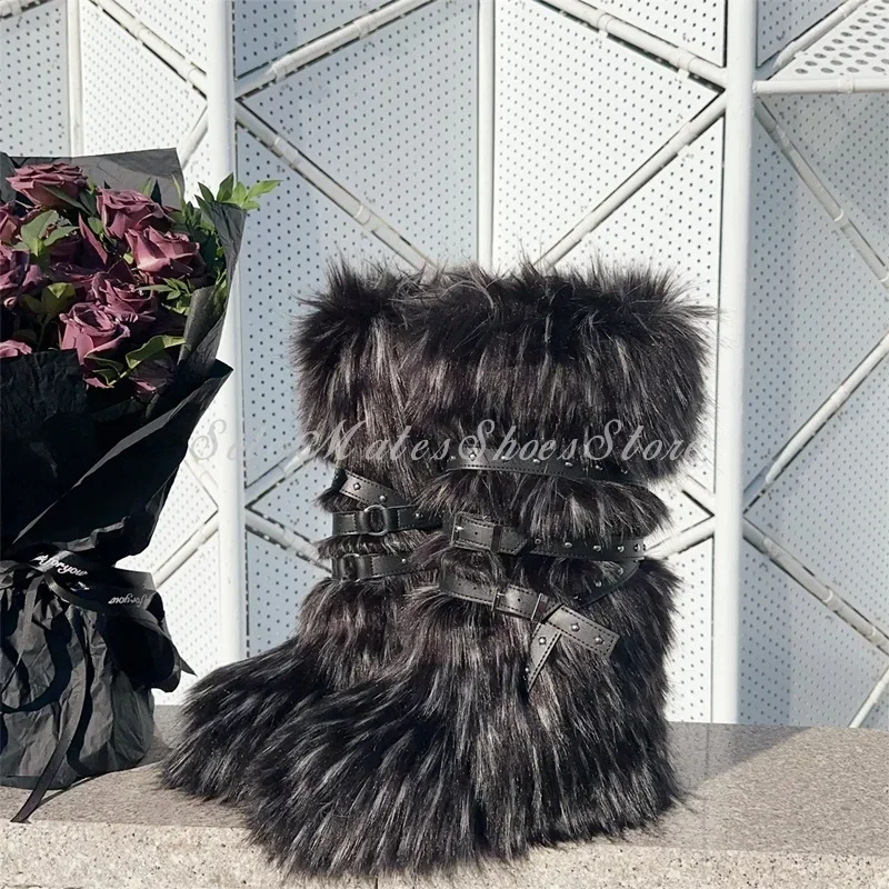 الشارع نمط الموضة الساخن الفرخ سميكة القاع الثلوج الأحذية حزام مشبك الدانتيل يصل الركبة الأحذية مختلط الألوان فو الفراء الأحذية النسائية الحديثة