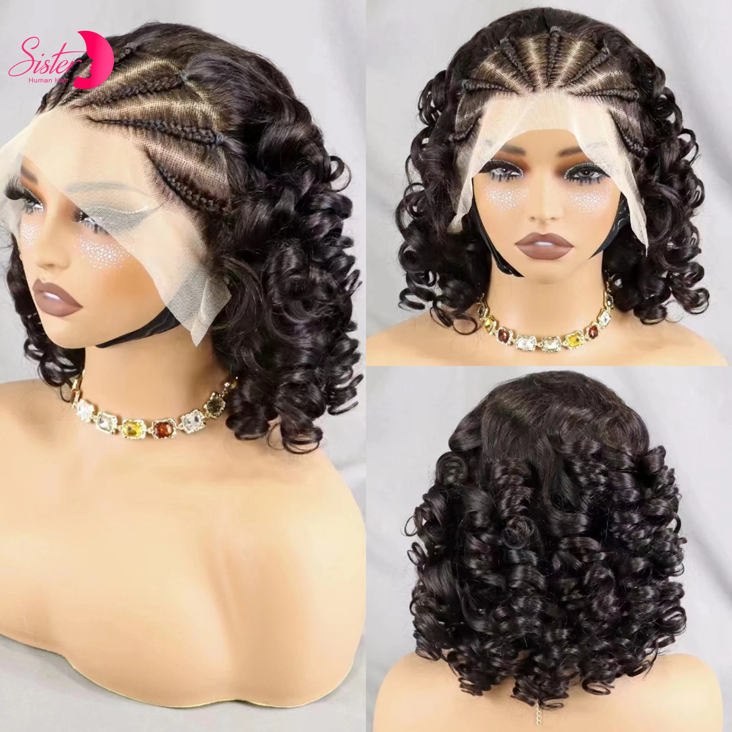 250% Density Loose Fumi Curly Bob Human Hair Wig with Cornrow Braids Natural 13x4 Lace Frontal Bouncy Curly Hair Wigs for Women