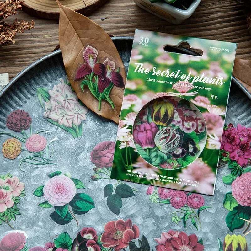 30pcs Plant Secret PET Stickers Bag Retro Flower Hand-account DIY Material Decoration Sticker