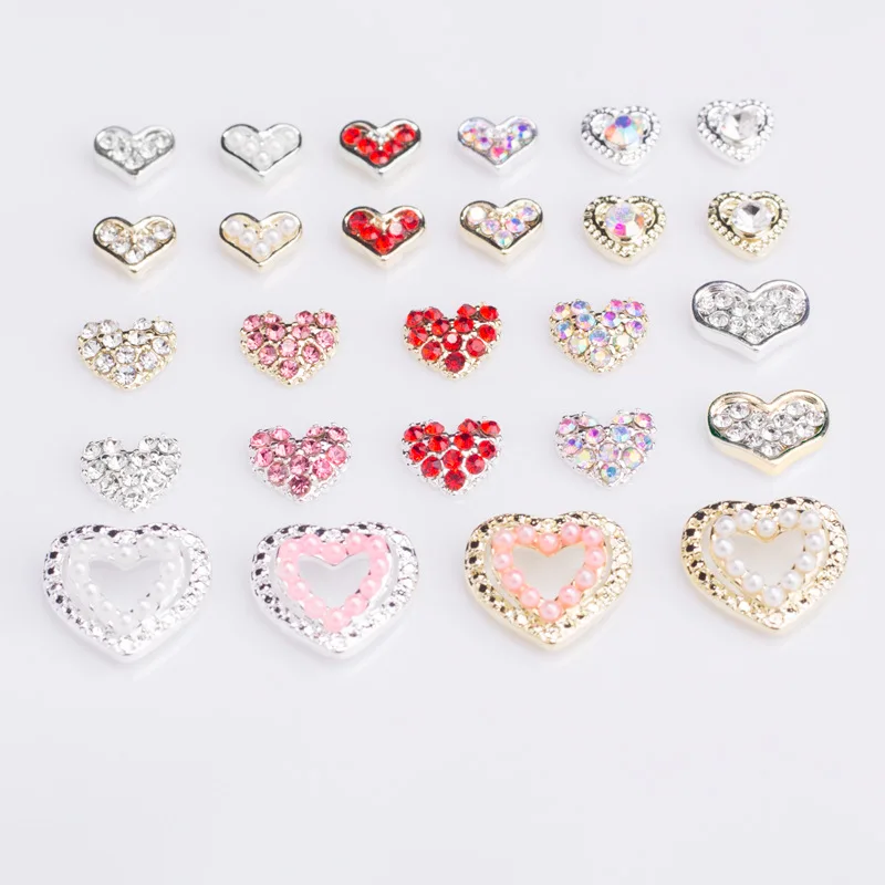 10PCS Glitter Full Colorful Diamonds Pearls Inliad Love Heart Alloy Nail Art Rhinestones Decorations Manicure Sparkle Ornaments