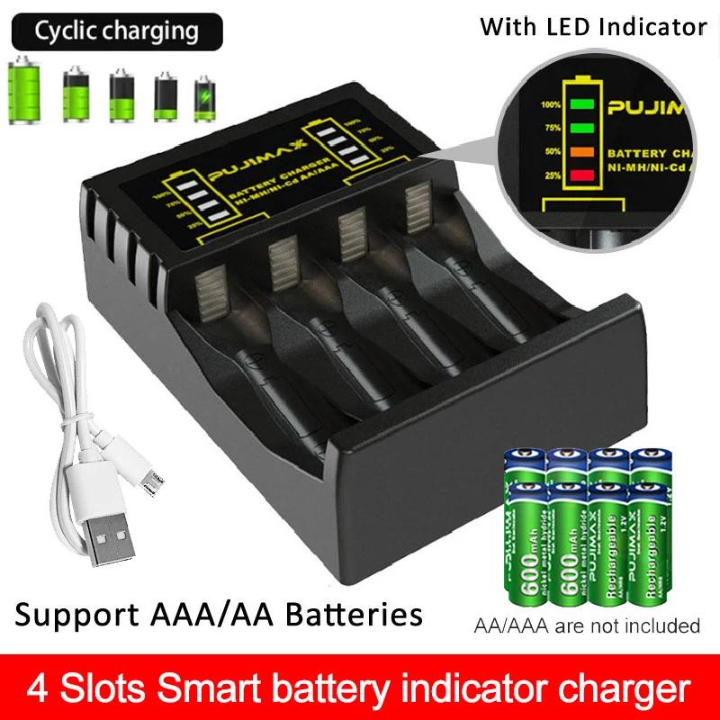 4 Slots Battery Charger For AAA/AA Rechargeable Batter Charger With LED Indicator Charger Cable For 
