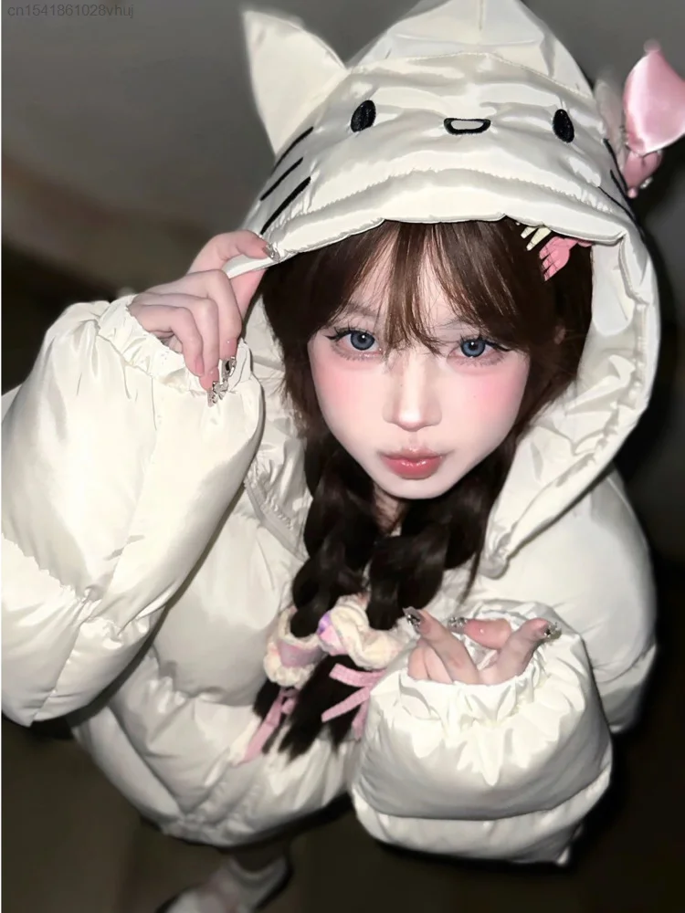 Sanrio Hello Kitty New Cute Women Winter Down Jacket Kawaii College Style Hooded Fashion Y2k 2000s Harajuku Down Coats Christmas