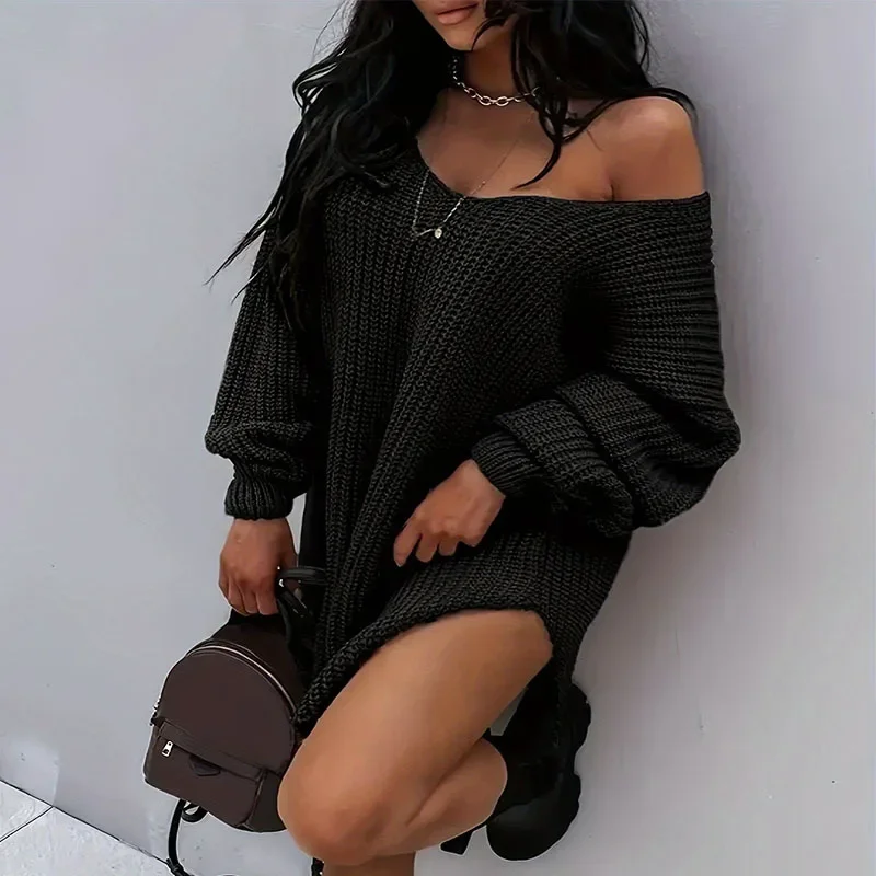 

Women Knit Sweaters Full Sleeve V Neck Loose Split Pullover Jumpers Casual Solid Sweater Splice Lady Simple Winter 2025