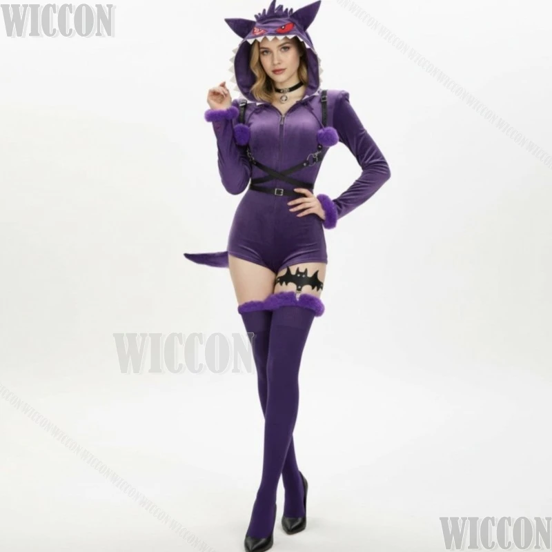 

Purple Bodysuit Anime Game Cosplay Sexy Dress Tail Belt Leg Loop Strap group socks Clothes Woman Halloween Navidad Carnaval Cos