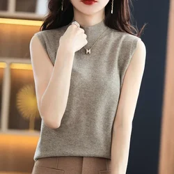 Women Sweater Vest Half High Collar Spring Autumn Slim Fit Knitwears Warm Pullovers Casual Knitted Tops Korean Fashion Jumpers