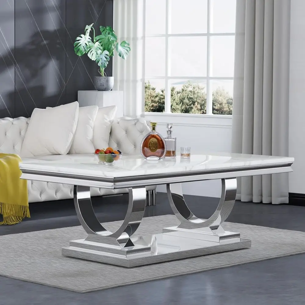 

Rectangular White & Silver Marble Coffee Table with U-Shape Stainless Steel Base for Living Room, Easy Assembly