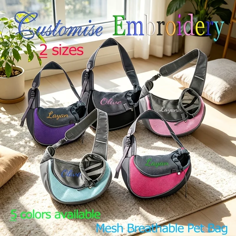Custom Embroidered Pet Sling Carrier Bag Personalized Name Breathable Mesh Puppy Dog Travel Adjustable Shoulder Bag 2 Sizes