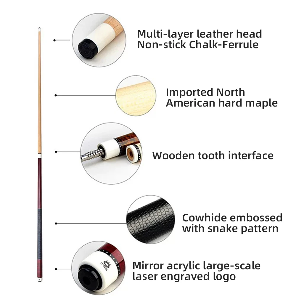 

OMIN JM Billiard Pool Cue 12.8mm Tip Carbon Tube 55cm Leather Grip Adjustable Weigh Bolt Billiard Stick Kit