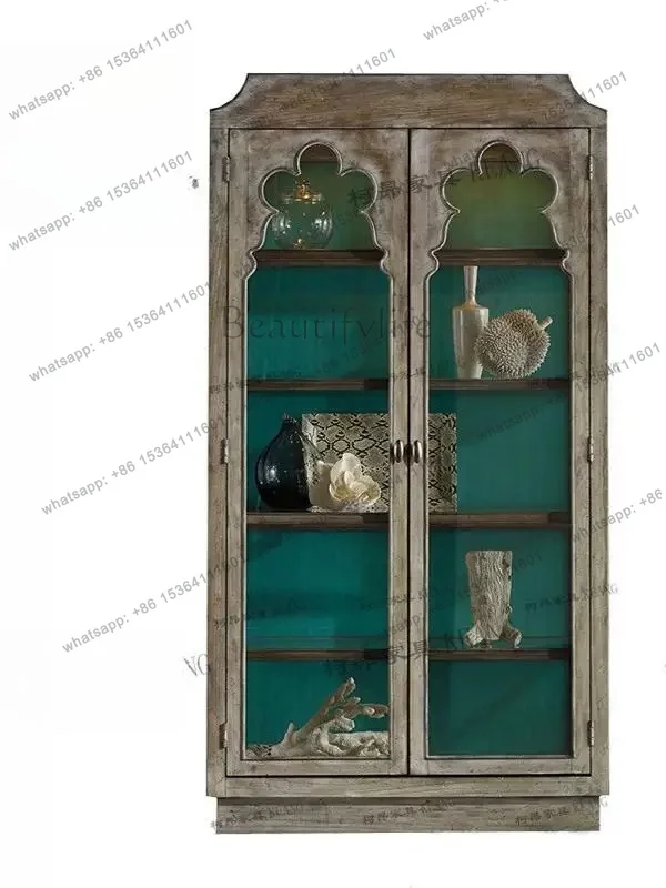 PG French-style neo-classical living room, American vintage double-door distressed solid wood bookcase, sideboard