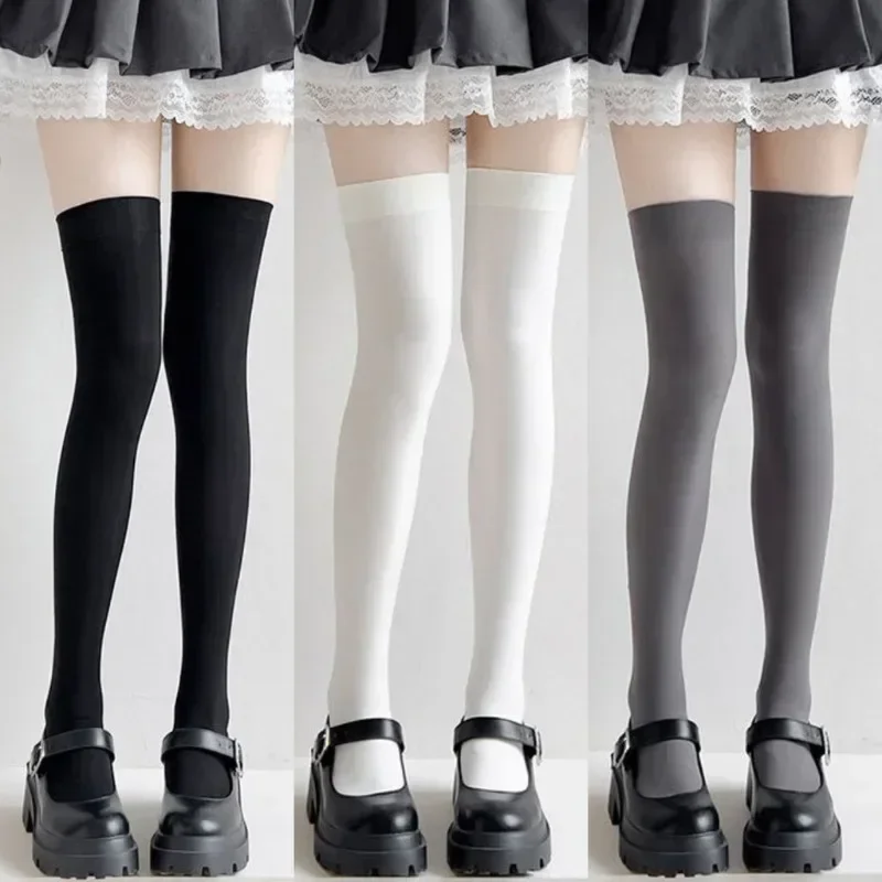 Women's Sexy Solid Color Black White Thigh High Socks Cute Lolita Style Sweet Thin Leggings Velvet Soft Skin-friendly Stockings