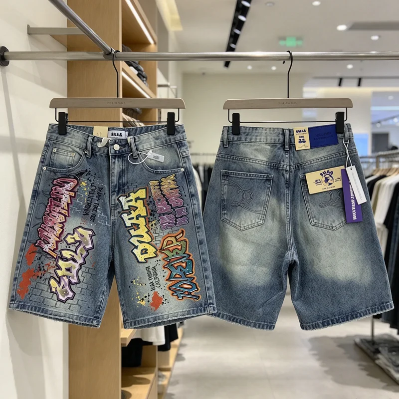 New American Street Style DUAA Jeans Trendy Colorful Splashed Ink Letter Printed Duaa Denim Shorts