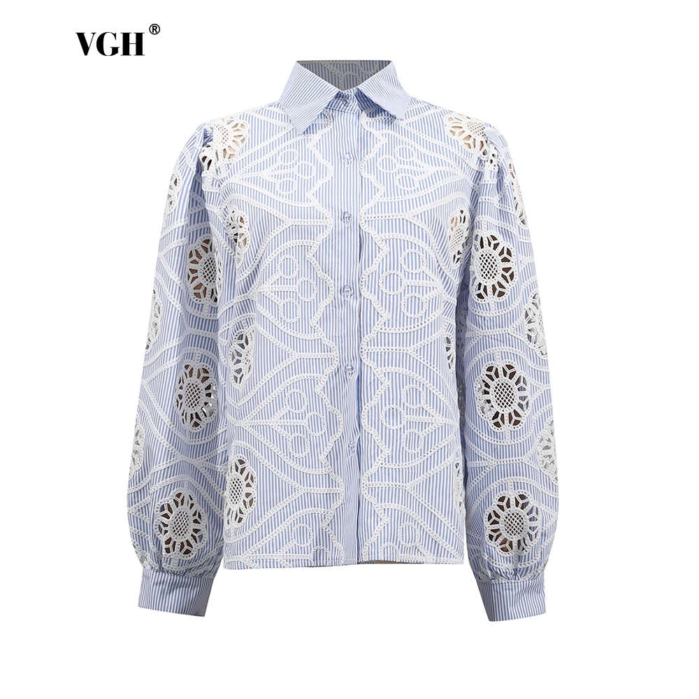 

VGH Solid Printing Hollow Out Casual Blouses For Women Lapel Long Sleeve Patchwork Button Designer Shirts Female Fashion Style