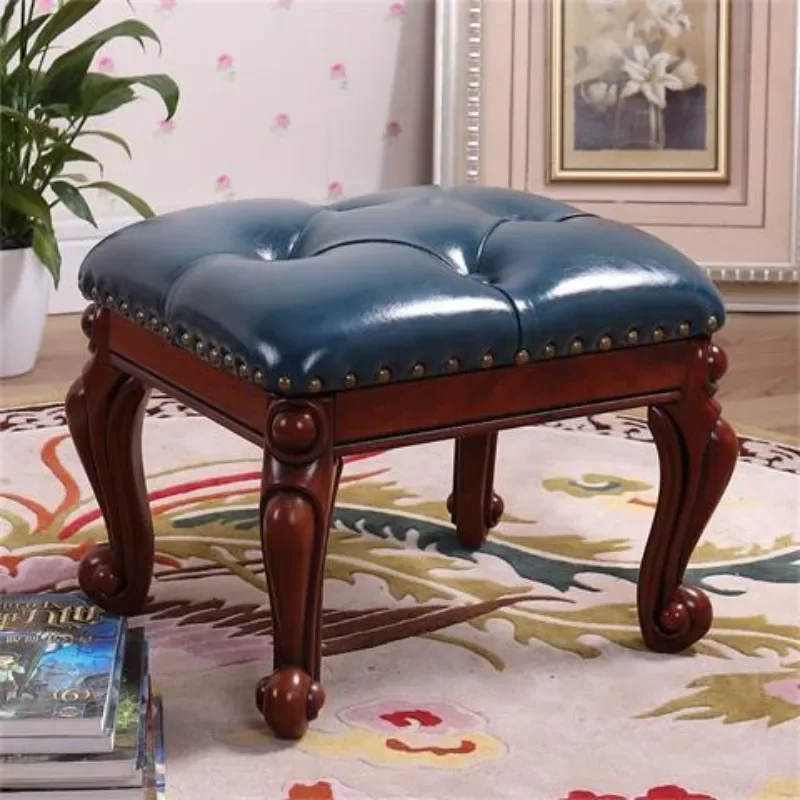 Vintage Style Tufted Ottoman Stool,Leather Footrest with Nailhead Trim,Elegant Accent Stool for Living Room,Bedroom & Home Dec