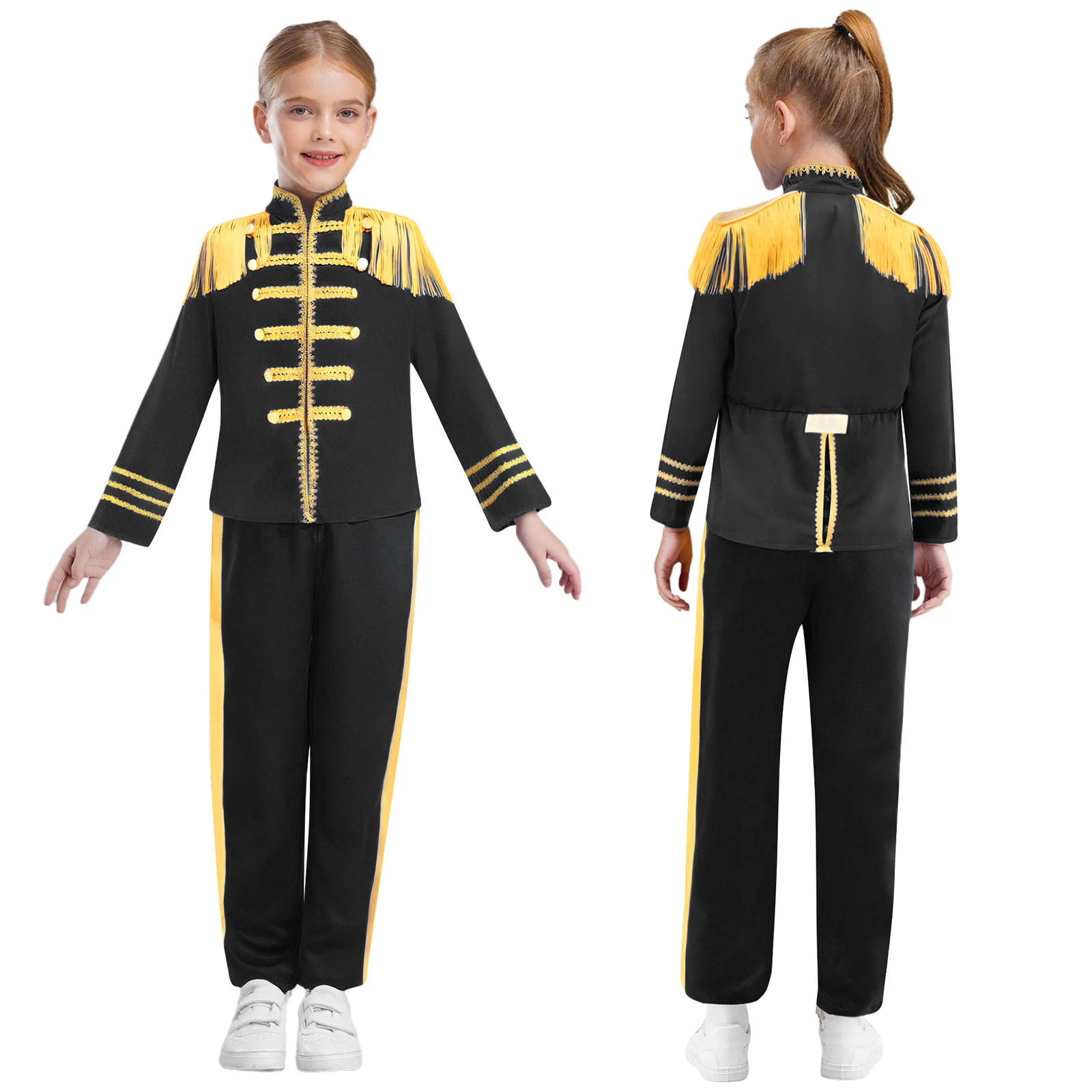 Disfraz de músico de banda de Rock Pop-Star británica de los años 60, disfraz de tambor, trompeta, guardia de Honor, uniforme, chaqueta Retro con flecos, pantalones