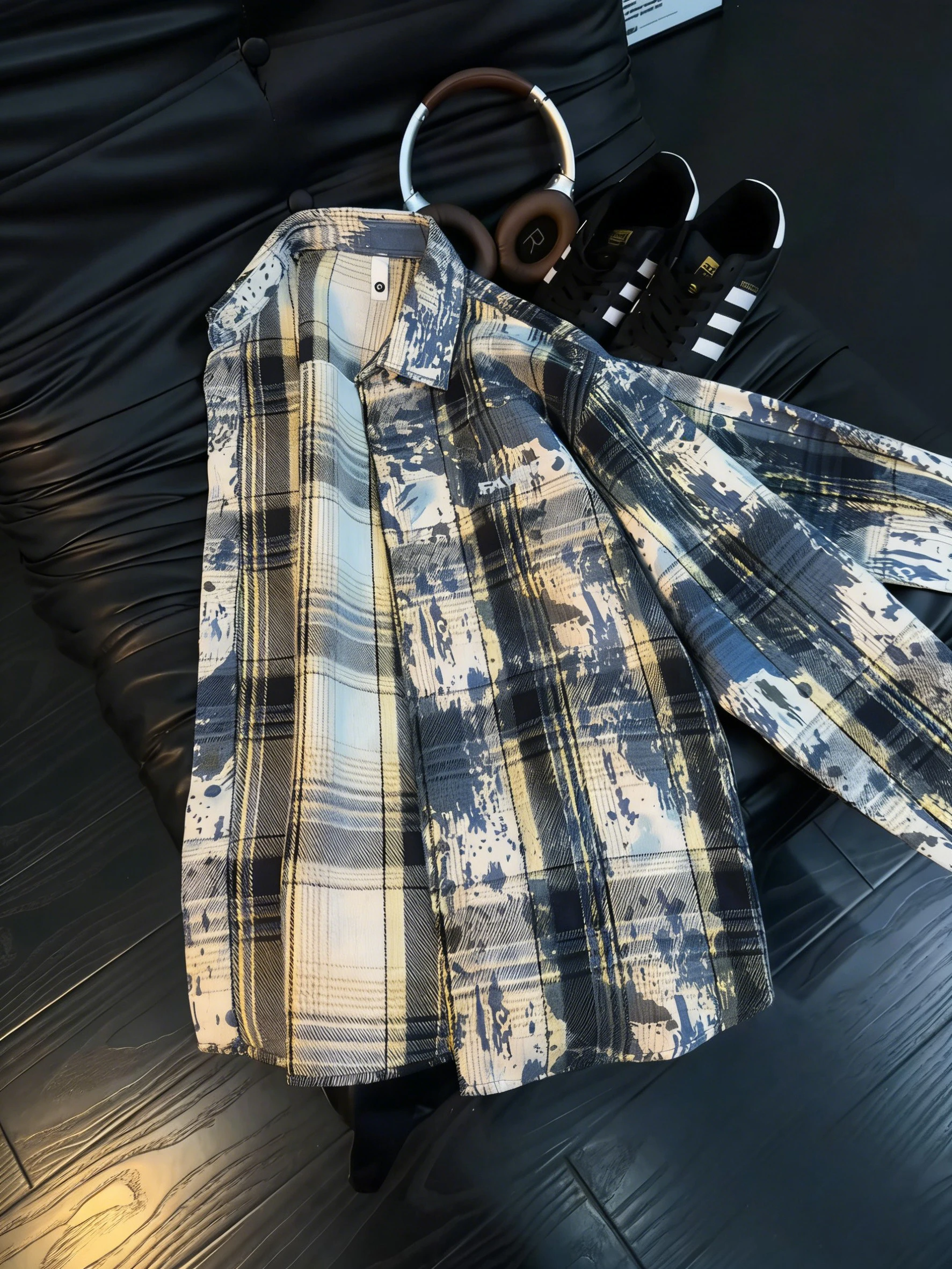 

Blue Tie-Dye Plaid Men's Shirt Spring Cleanfit American Casual Couple's Outerwear Standard Fit Long Sleeve Button-Up