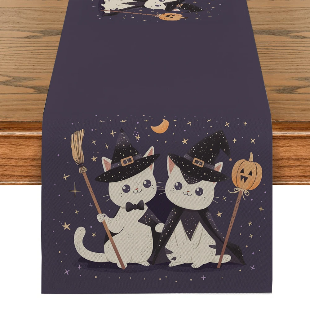 Halloween Cat Pumpkin Head Wizard Hat Table Runner Home Wedding Centerpieces Decoration Party Table Runners Dining Long Cloth