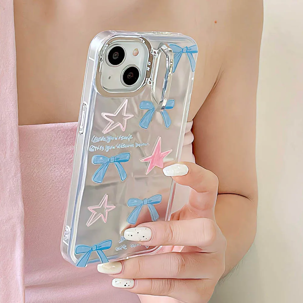 Модный чехол со звездами, бантом, граффити, гальваническим покрытием, серебристые складки, чехол для телефона iPhone 14 13 11 Pro 12 15 Pro Max, крышка кронштейна объектива