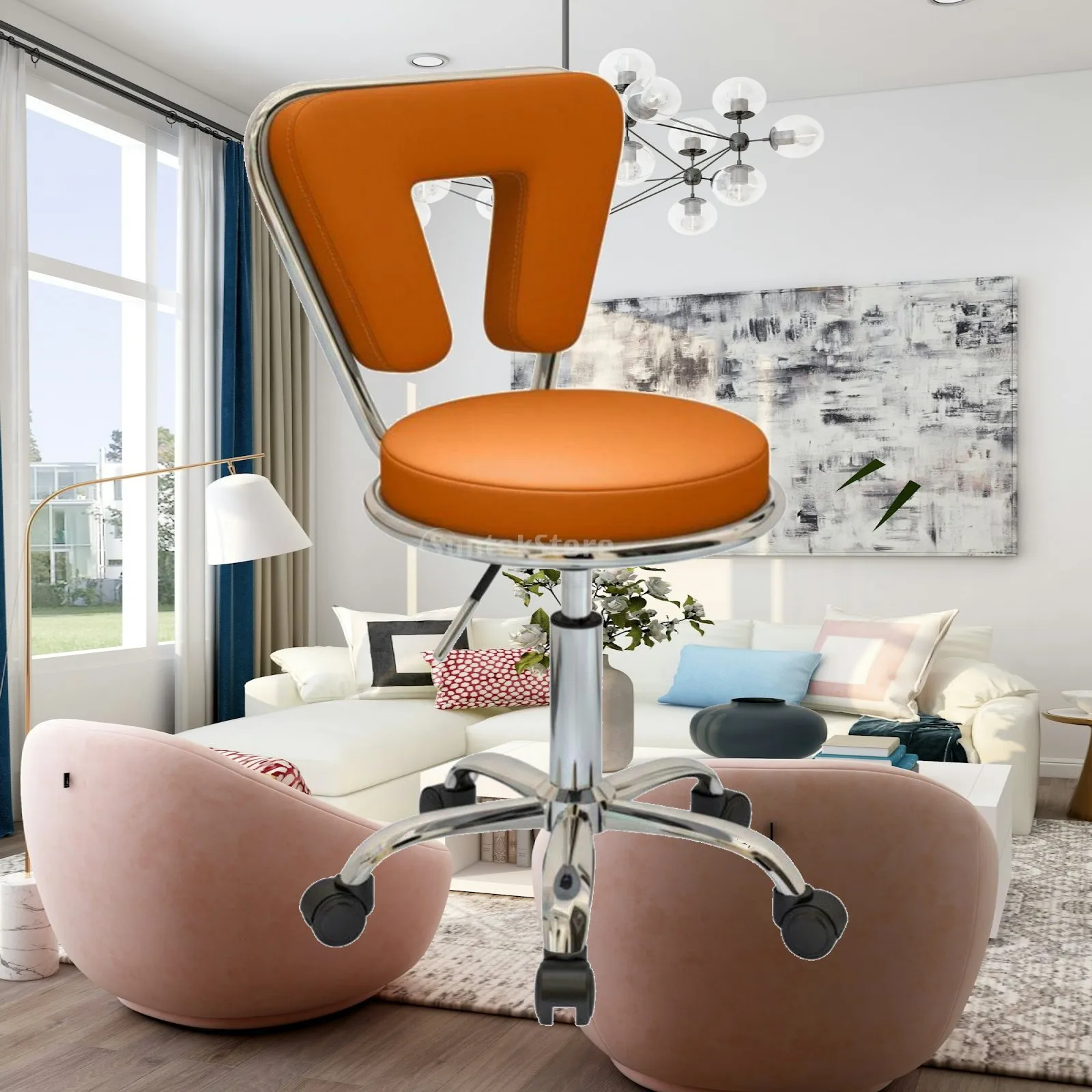 Quiet Caster Lifting Chair Height Adjustable Swivel Bar Stool Mobile Makeup Vanity Chair for Apartment Studio