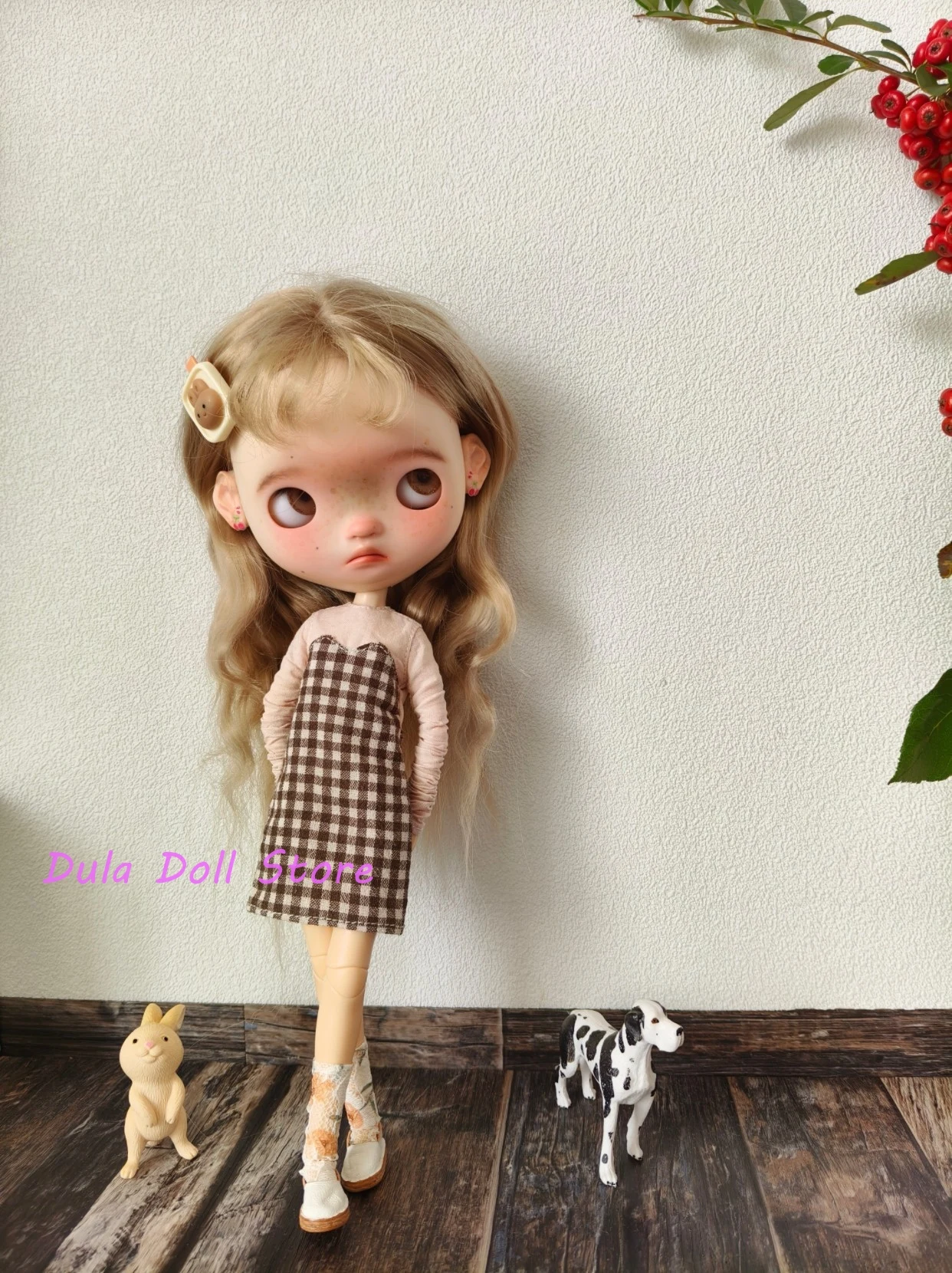 Dula Doll Clothes dress Handmade light pink color-blocked plaid dress Blythe ob24 ob22 Licca JerryB 1/6 Bjd Doll