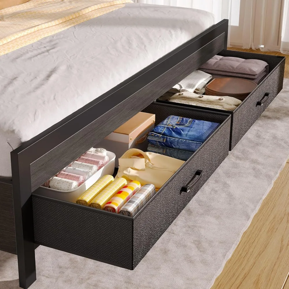 Single Bed Frame with Storage Headboard and 2 Drawers, Cushioned Platform Bed, Charging Station and LED Lights