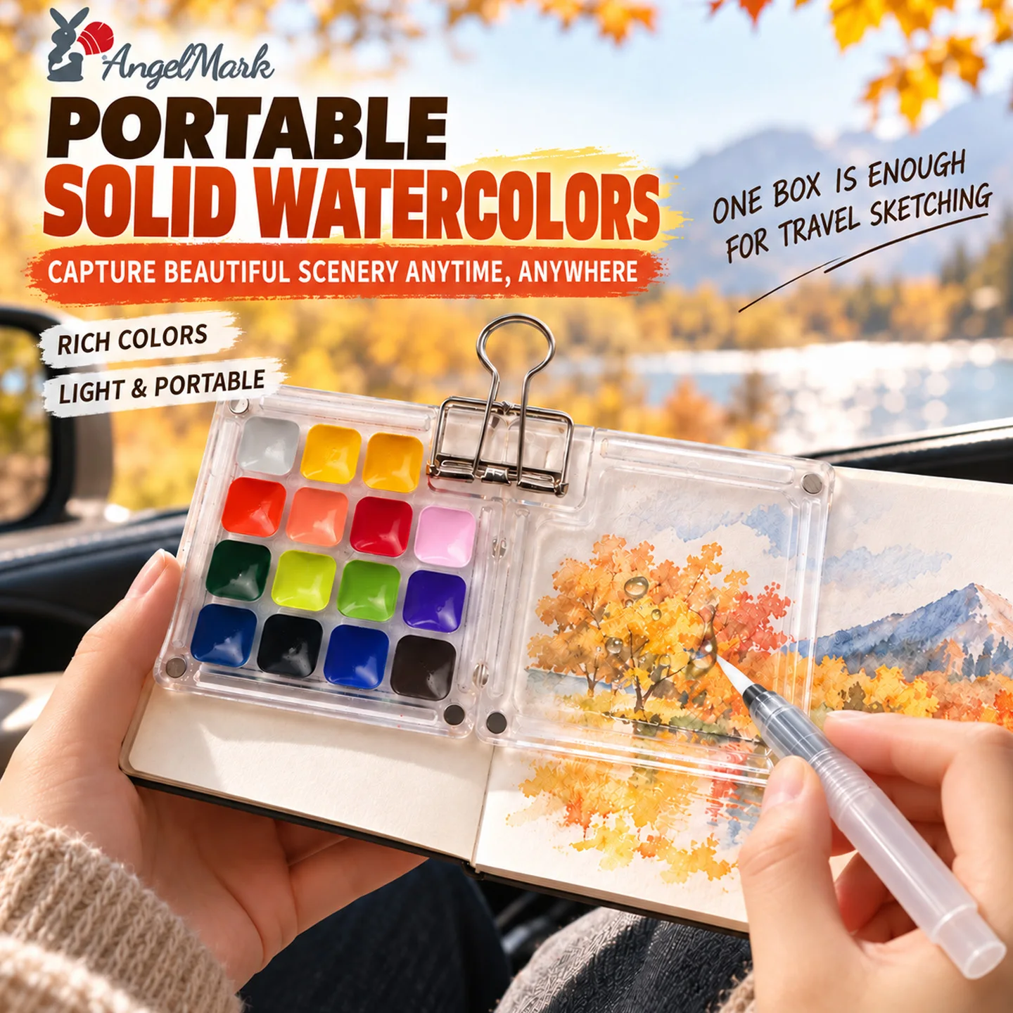 AngelMark 15Colors MiniPortableSolidWatercolorSet with Water Brush Pocket Travel Sketch Watercolor Pigment Art Painting Supplies