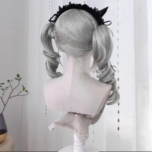 ‌ شعر مستعار لوليتا رمادي مجعد - شعر مموج ضخم لصور السفر Kawaii Cosplay Gothic Fashion قطعة شعر صناعية مقاومة للحرارة