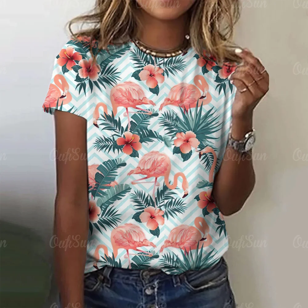 Flamingo T Shirt for Women\'s New O Neck Pullover Fashion Casual Short Sleeve Tee Shirt Hawaiian Women\'s T-Shirt Tops Streetwear