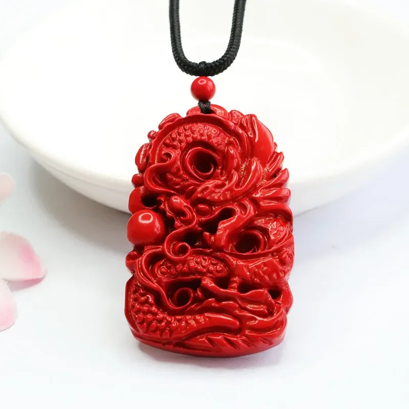 

Fashion Red Cinnabar Jade Carving Dragon Pendant Necklace Jewellery Chinese Healing Women Man Luck Gift Amulet Sweater Chain