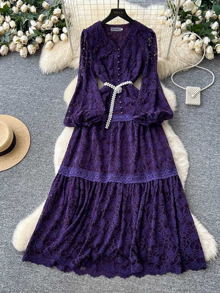 

Spring Autumn Women's Long Sleeved Lace Dress New French Retro Purple Hollowed Birthday Party Grand Display Long Dress S215