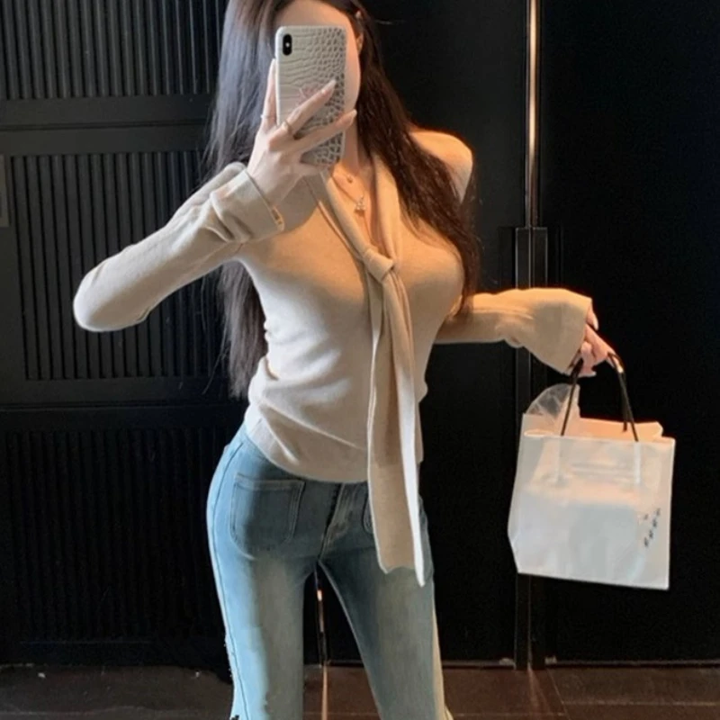 2024 Spring Cardigan Knitted Sweater For Women Sexy V Neck Slim Fit With Draped Ribbon Korean Lazy Style