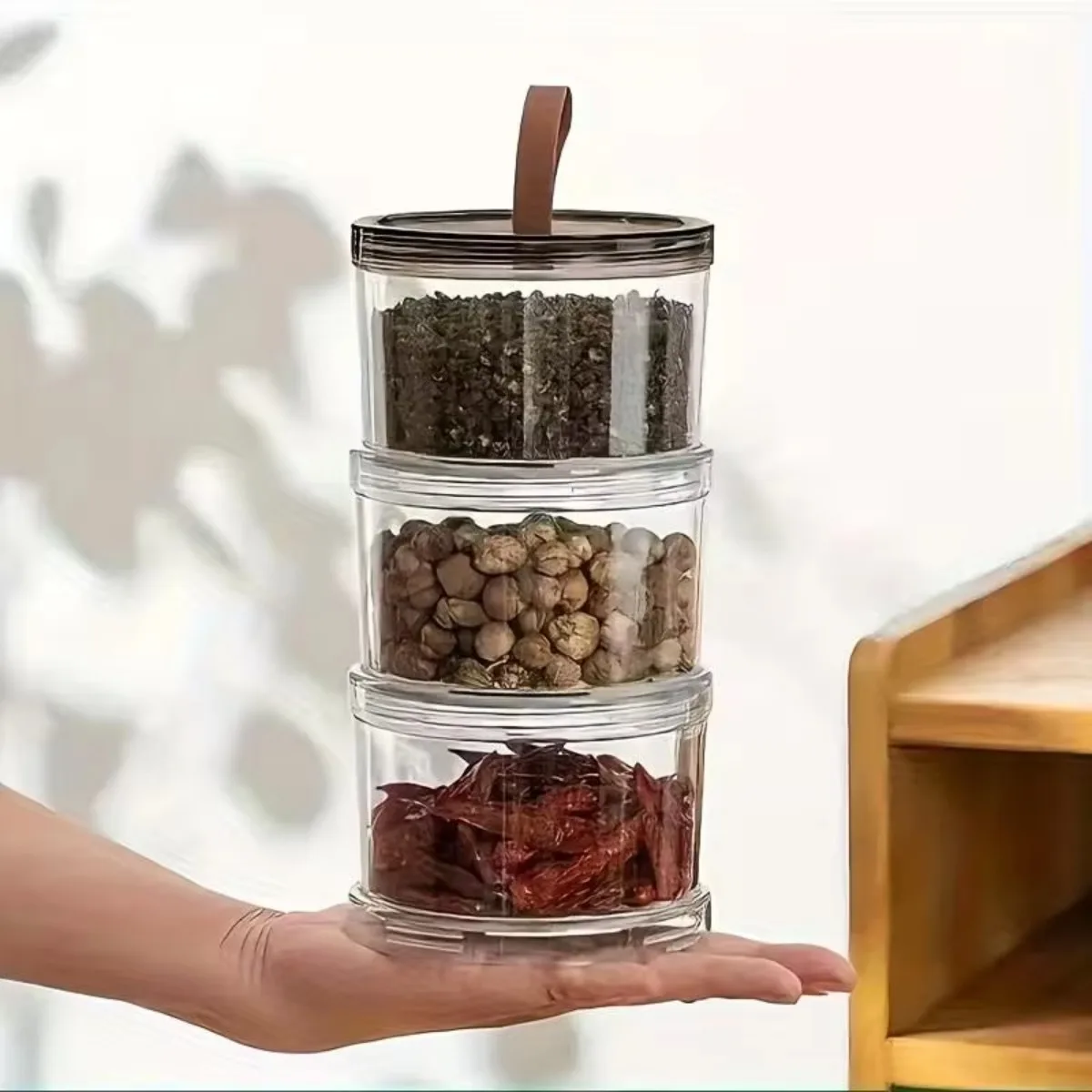 3-Layer Round Handheld Spice Box Multi-Layer Fresh Container Transparent Sealed Jar Food Grade Storage for Grains Snacks Spices