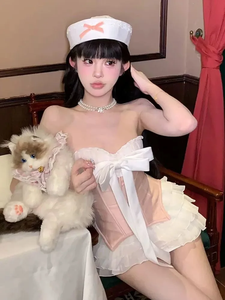 

Pure Desire Розовый топ с галстуком-бабочкой и юбка-труба, комплект из двух предметов для женщин, сексуальная клубная одежда, юбка-тортик, весна-лето