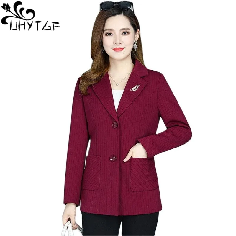 

UHYTGF 5XL Big Size Women Jacket Middle-Aged Elderly Thin Spring Autumn Blazers Fashion Stripes Casual Female Coats Abrigos 2105