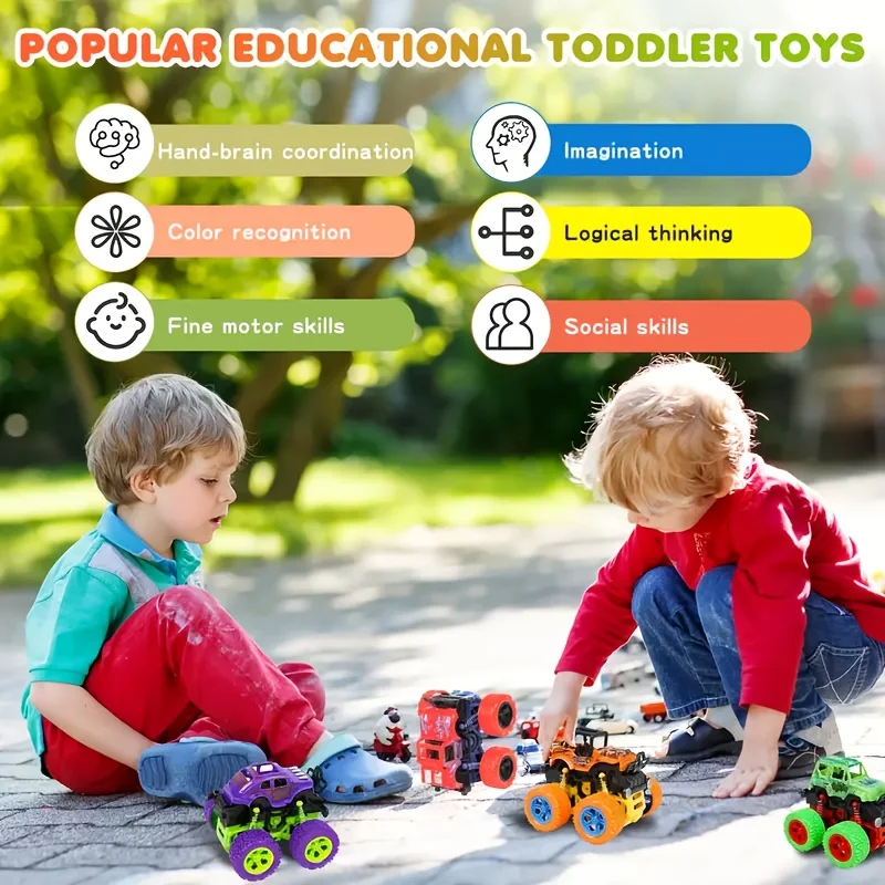 8/4 unidades de caminhões monster movidos a fricção para crianças de 3 anos |   Push and Go, carro de inércia dupla face com 360 °   Rotação |   Puxador durável B