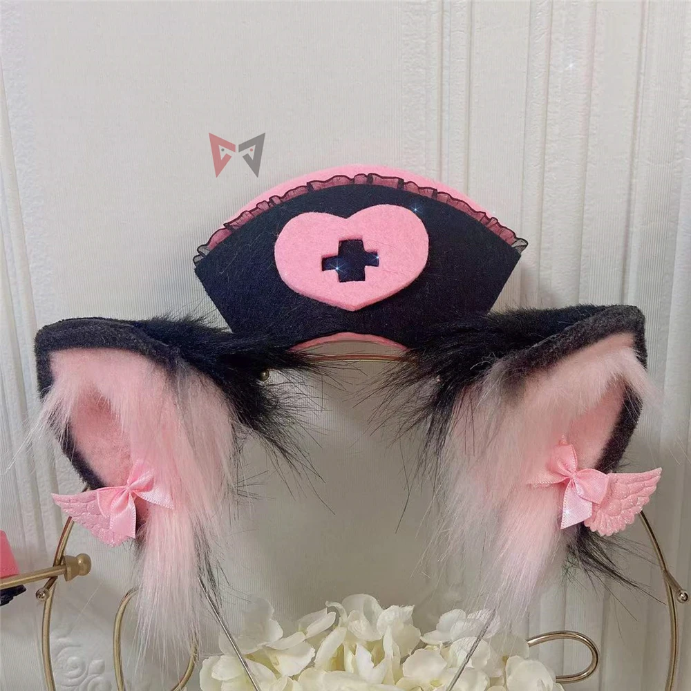 New Black Nurse Cosplay Cat Fox Neko Ears HairhoopTail Angel Style Hat For Halloween Christmas Game Party Sotume  Accessories image 2