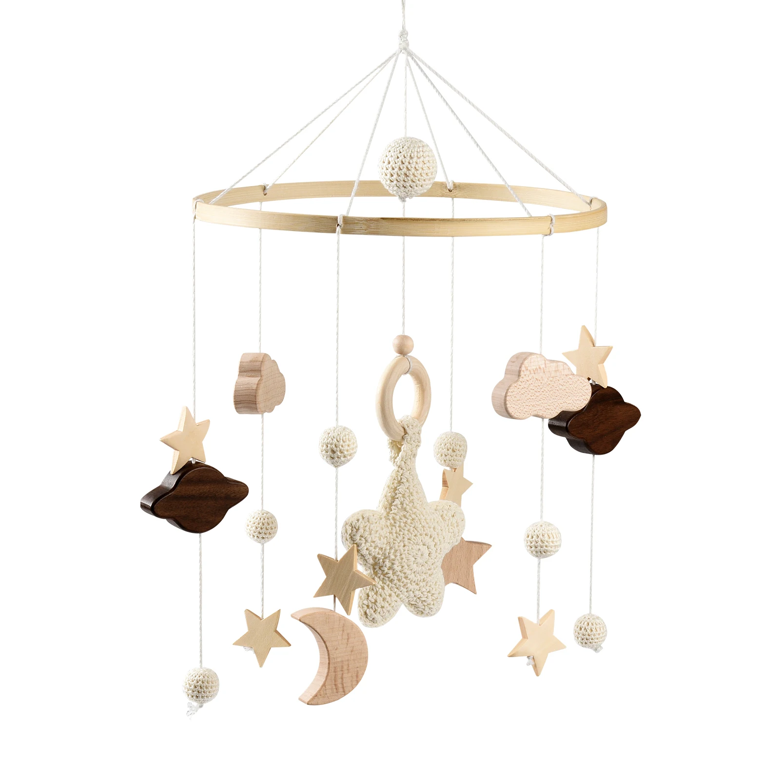 Wooden Baby Mobile Musical Baby Crib Mobile Wooden Baby Mobile with Felt Balls and Clouds Baby Room Decoration for Boys Girls