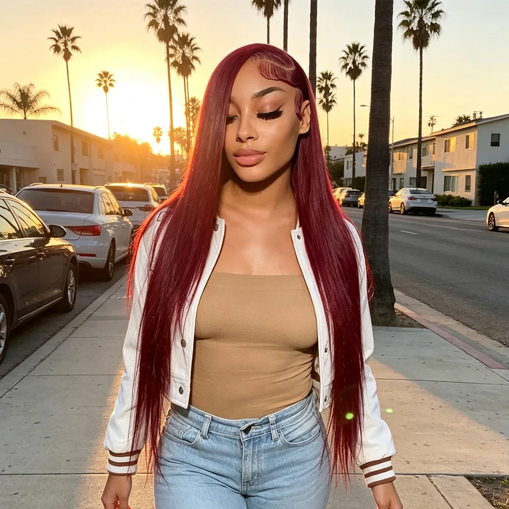 13x4 13x6 HD Transparent Lace Frontal Human Hair Wig 99J Burgundy Bone Straight 200% Density Lace Front Brazilian Wigs Pre Plucked With Baby Hair For Women
