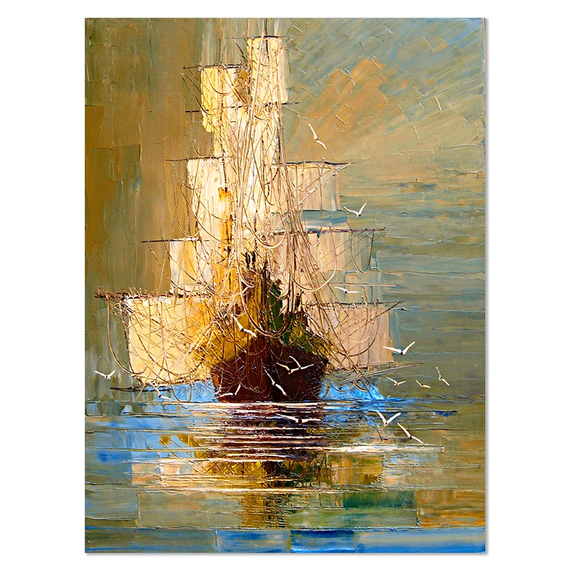Modern Abstract Canvas Art Boat in the Green Sea Sailboat Oil Painting for Hallway