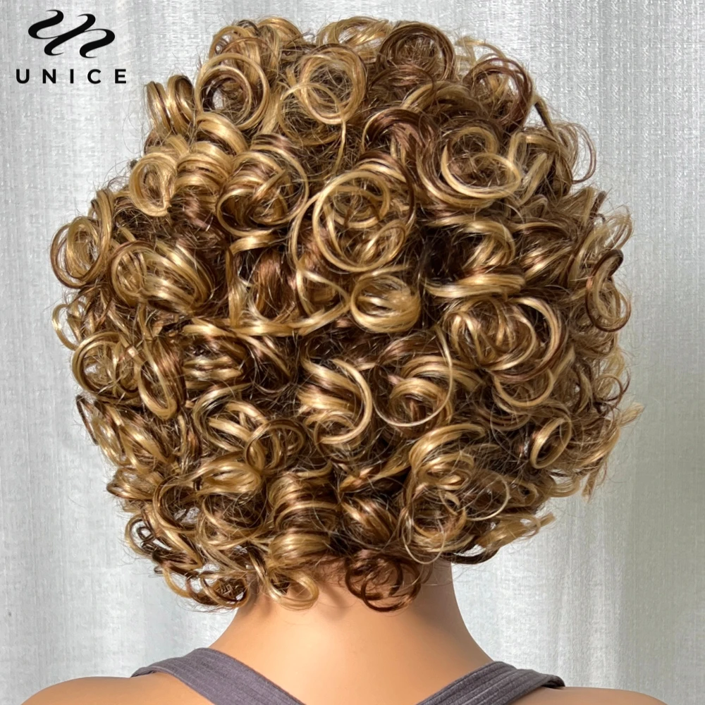 UNice Hair Brown Blonde Highlight Bouncy Curly Wig With Bangs 100% Human Hair Full Machine Made Afro Short Human Hair Wig 8 Inch