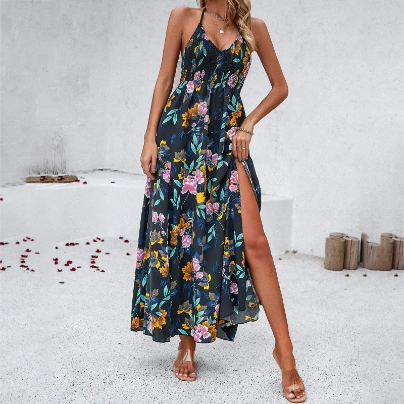 

Spring/Summer Leisure Vacation Printed Sling Dress