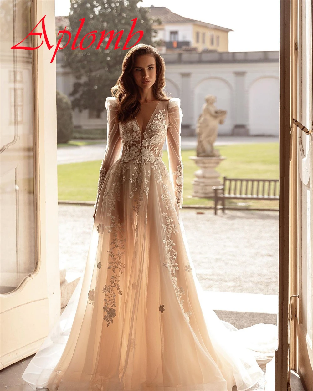 사용자 정의 절묘한 흰색 Organza 웨딩 드레스 섬세한 v-목 긴 소매 신부 파티 클래식 Backless Vestido De Novia