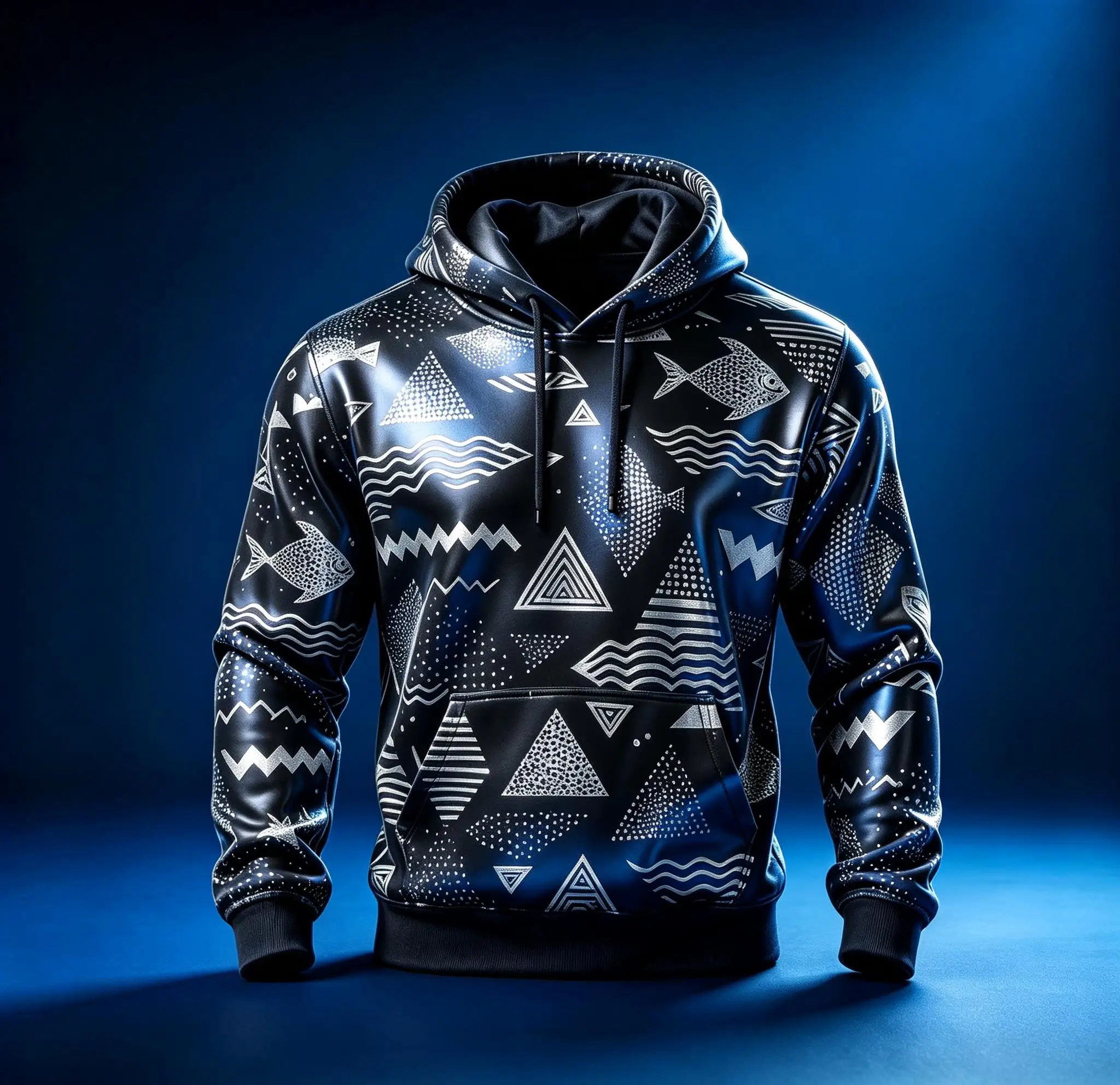 Street Style Men Hooded Sweatshirt Blue Abstract Triangle Wave Graphic Fleece Lining Pullover Top