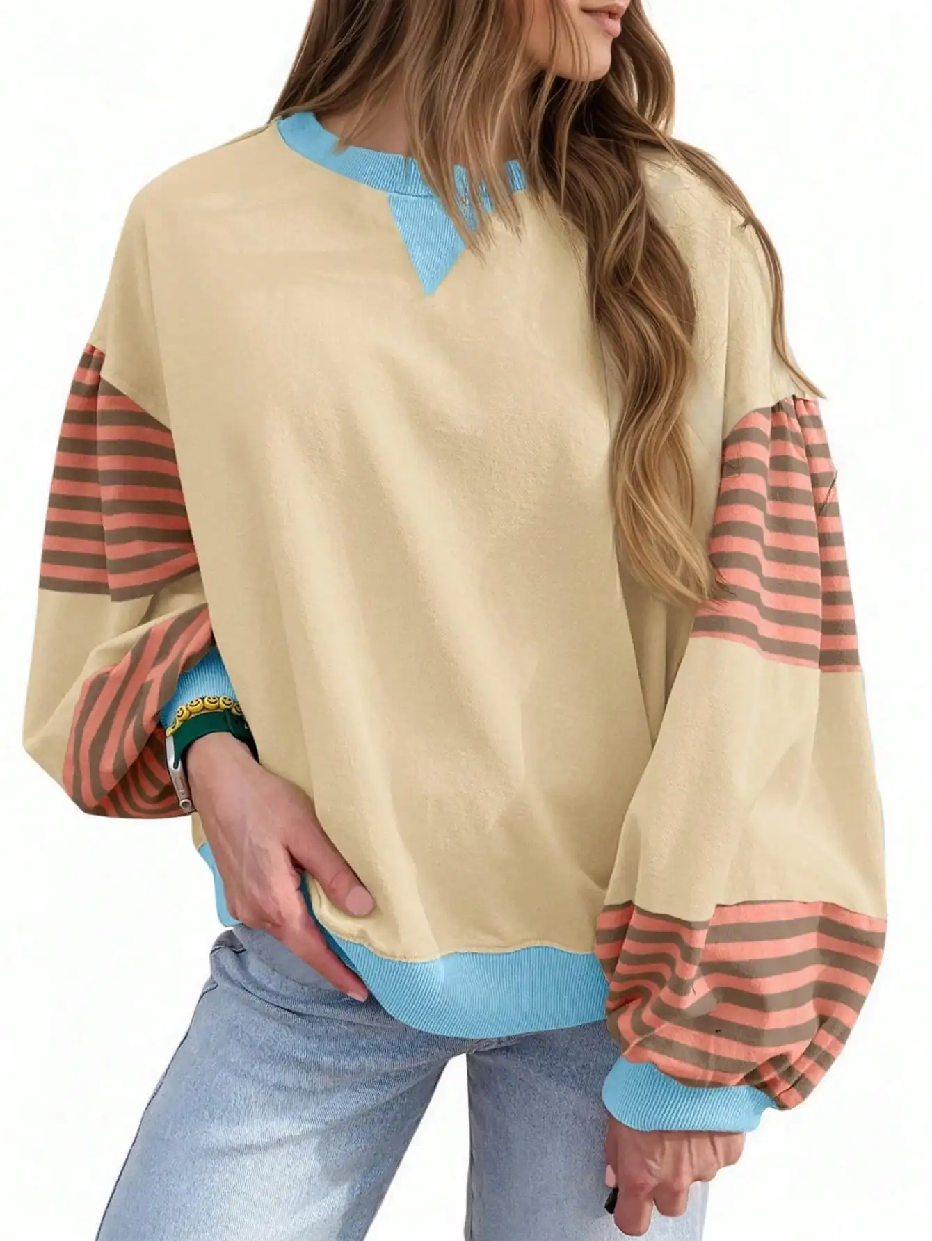 Fisoew sweat-shirt surdimensionné ColorBlock, pull à col rond à manches lanternes rayées, haut d'automne décontracté à manches longues avec épaules tombantes