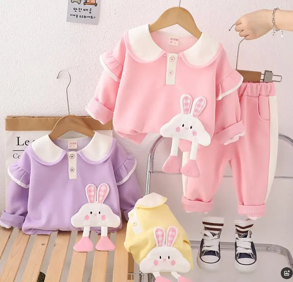طفل ملابس للطفل الفتيات ملابس ربيع الخريف الكرتون دمية على شكل أرنب طوق طويلة الأكمام تي شيرت + السراويل قطعتين الاطفال مجموعة