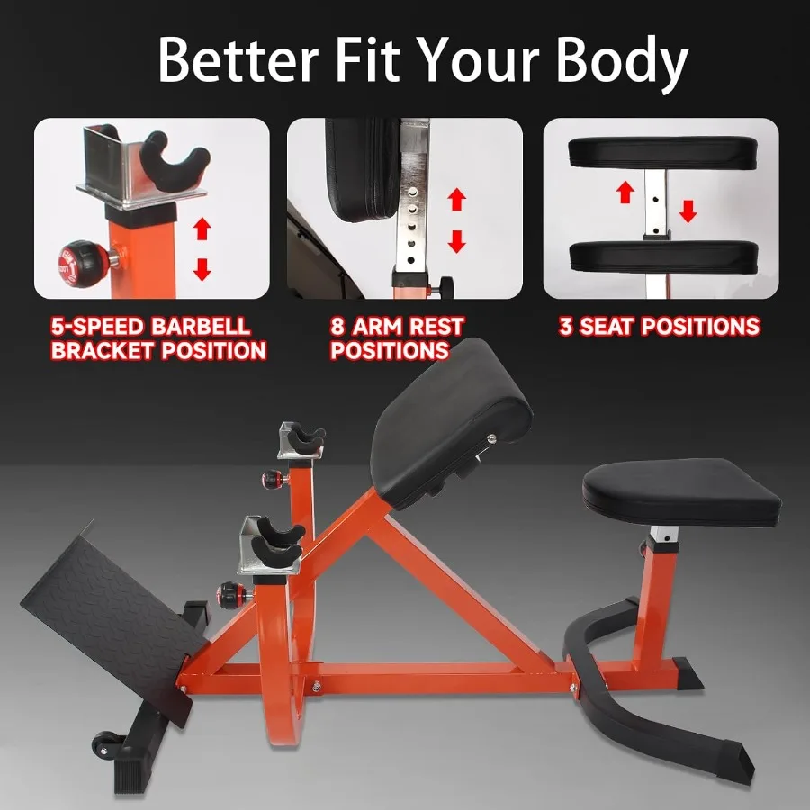 Регулируемая машина для снятия сгибания рук для тренировок бицепсов, сидящая скамья для домашнего спортзала, грузоподъемность 440 фунтов (оранжевый)