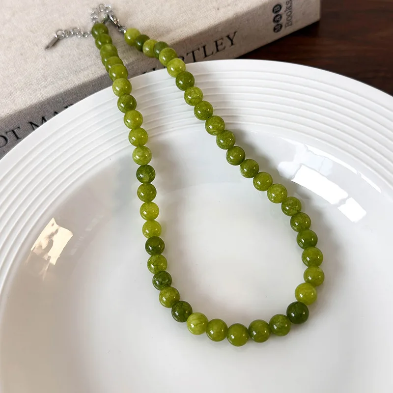 Minar French 6mm 8mm 10mm Green Color Natural Stone Agate Strand Beaded Necklace for Women Silver Plated Chain Choker Pendientes