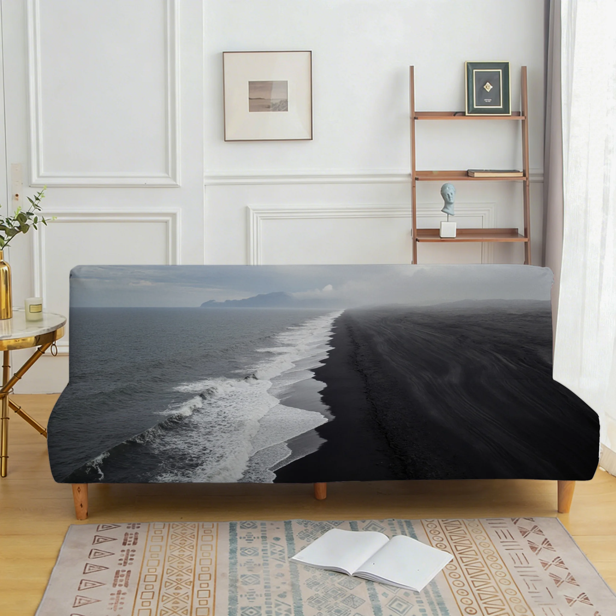 Ocean Wave Line Elastic Sofa Bed Cover, Living Room Sofa Bed Cover, Dustproof Machine Washable Sofa Bed Cover