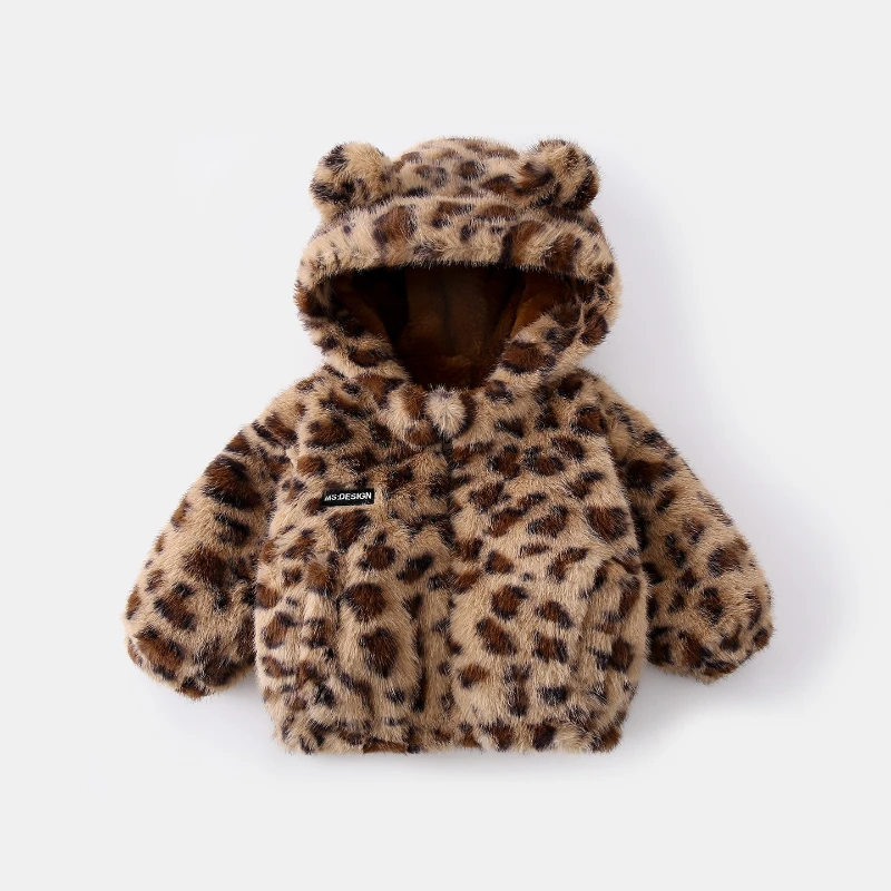 

2025 зимняя толстая теплая и милая дизайнерская куртка с леопардовым принтом и капюшоном для младенцев и маленьких детей