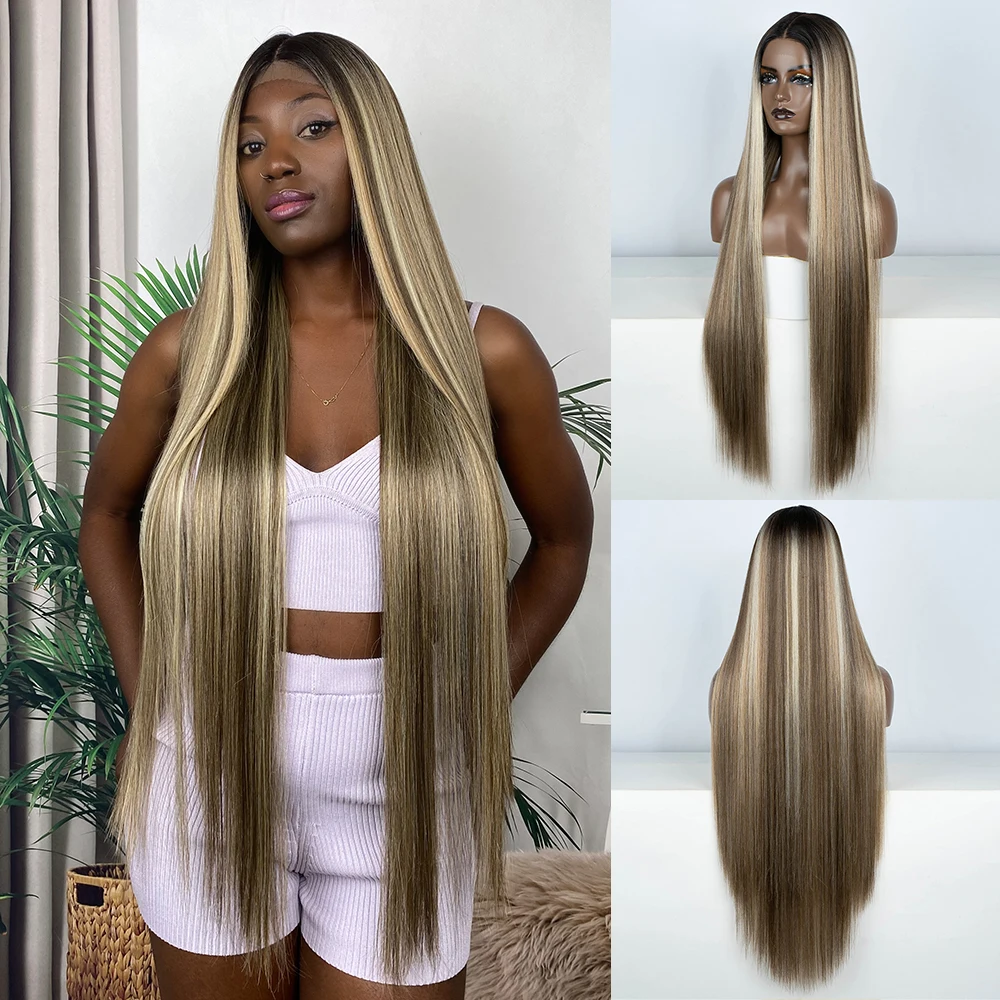 Synthetic Lace Front Wigs Highlight Brwon Blonde Black Wig For Women Long Straight  Lace WIg 38Inch Synthetic Heat Resistant Wig