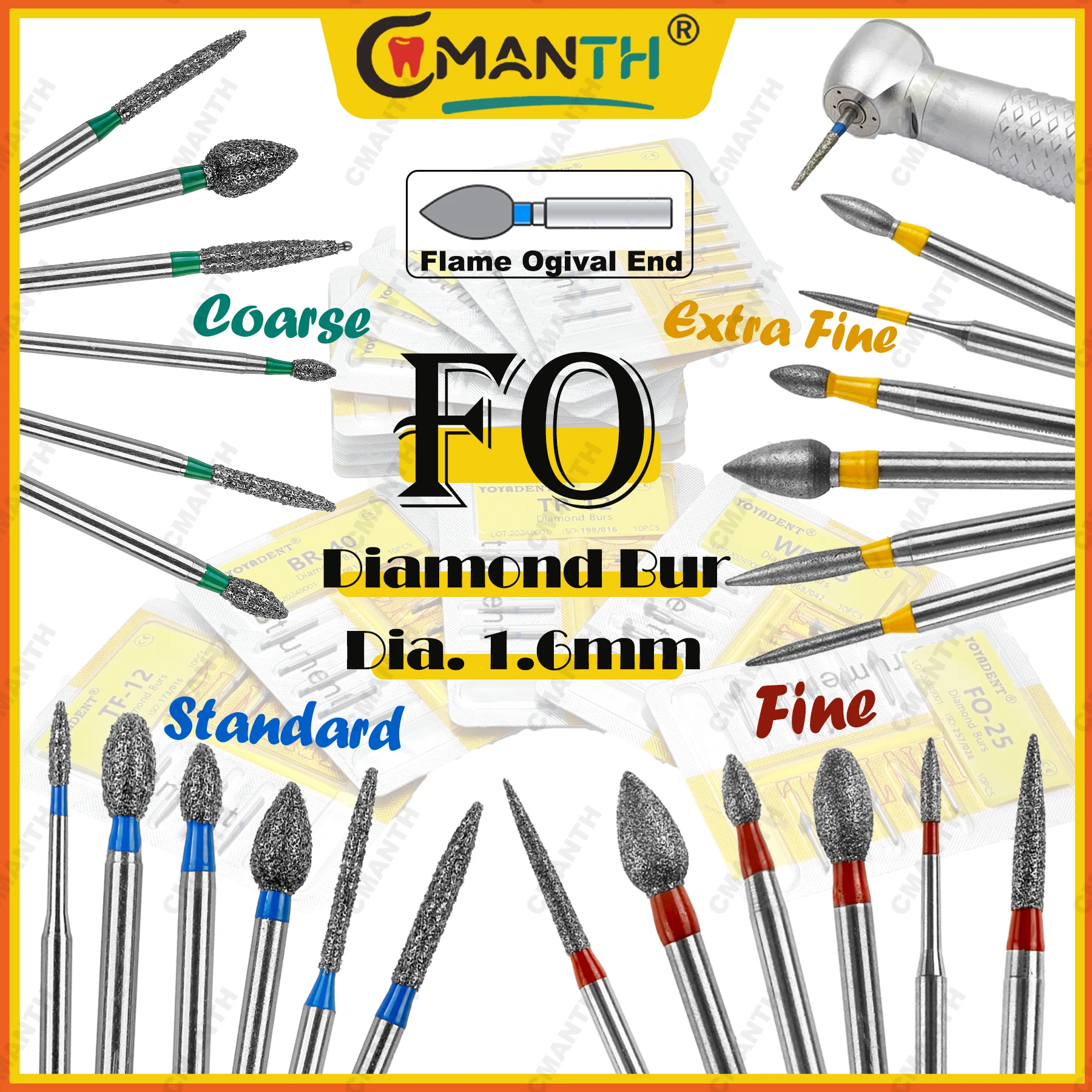 

FO Type Dental Diamond Burs Fine Extra Fine Coarse Standard For High Speed Handpiece Polishing Drill Dentist Lab Tool 10pcs/Pack